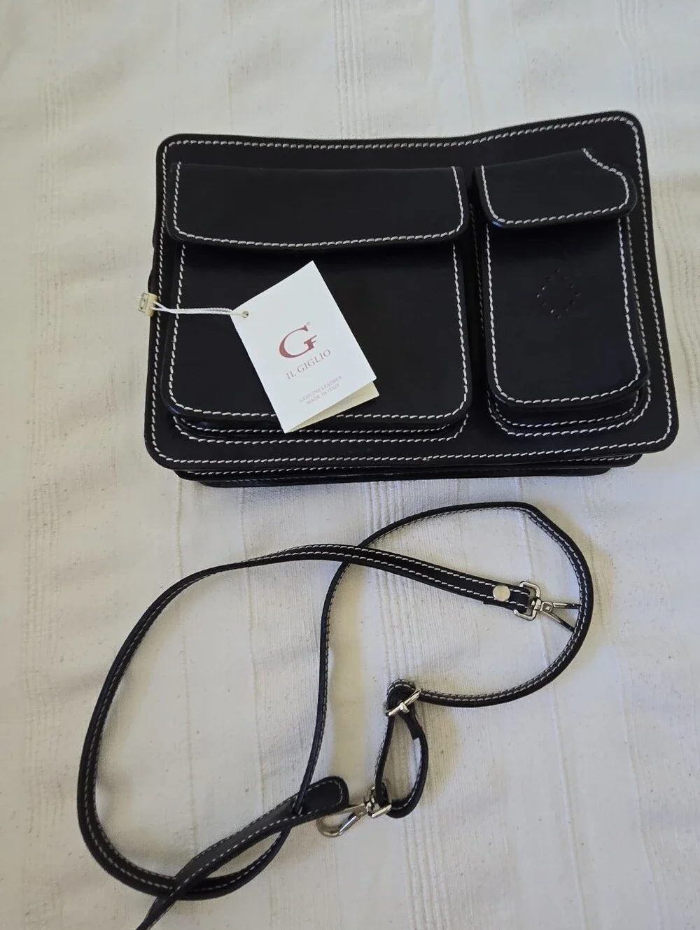 Il Giglio Black Leather Multi-compartment Crossbody Bag Structured Unisex Italy
